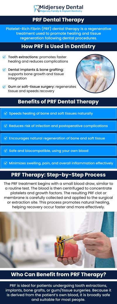 PRF offers a variety of applications in dental surgical treatments. This procedure significantly improves the body's natural healing and regenerative systems while also lowering the likelihood of postoperative complications. PRF dental therapy is available at MidJersey Family & Implant Dentistry.For more information, contact us or book an appointment online. We are conveniently located at 107 Cedar Grove Ln Suite 102, Somerset, NJ 08873. PRF offers a variety of applications in dental surgical treatments. This procedure significantly improves the body's natural healing and regenerative systems while also lowering the likelihood of postoperative complications. PRF dental therapy is available at MidJersey Family & Implant Dentistry.For more information, contact us or book an appointment online. We are conveniently located at 107 Cedar Grove Ln Suite 102, Somerset, NJ 08873.